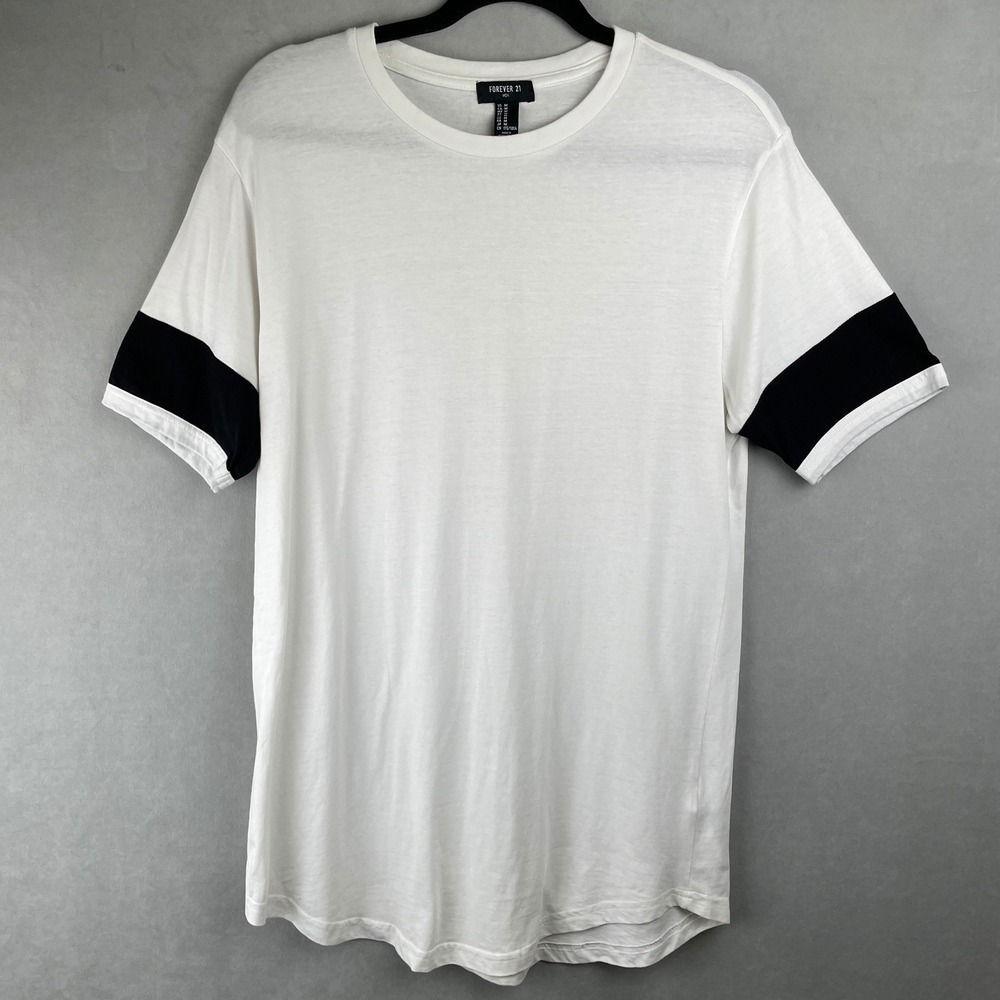 Forever‎ 21 Basic White T Shirt Short Sleeve Crew Black Accent Casual Top Mens M
